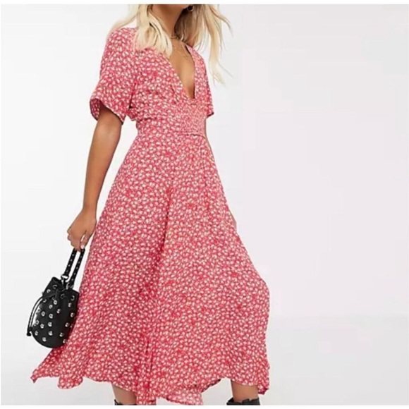 Free People Dresses & Skirts - Free People In Full Bloom Red Combo Dress Floral Deep V Neck Flowy Medium **FLAW